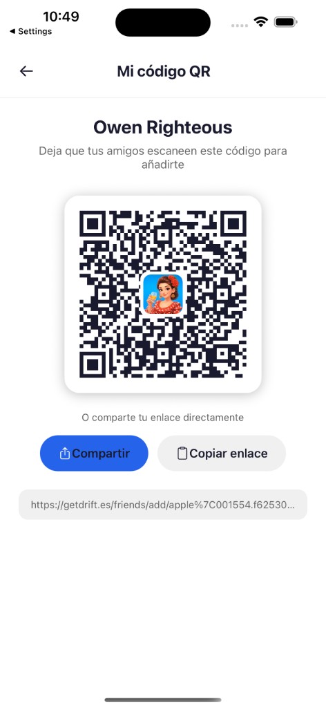 QR code sharing screen in Drift app